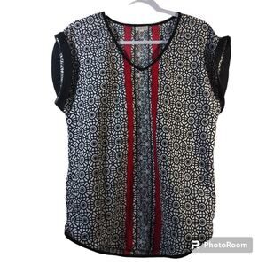 Antilia Femme Black Red Medallion Cuffed Short Sleeve Blouse Top Size M
